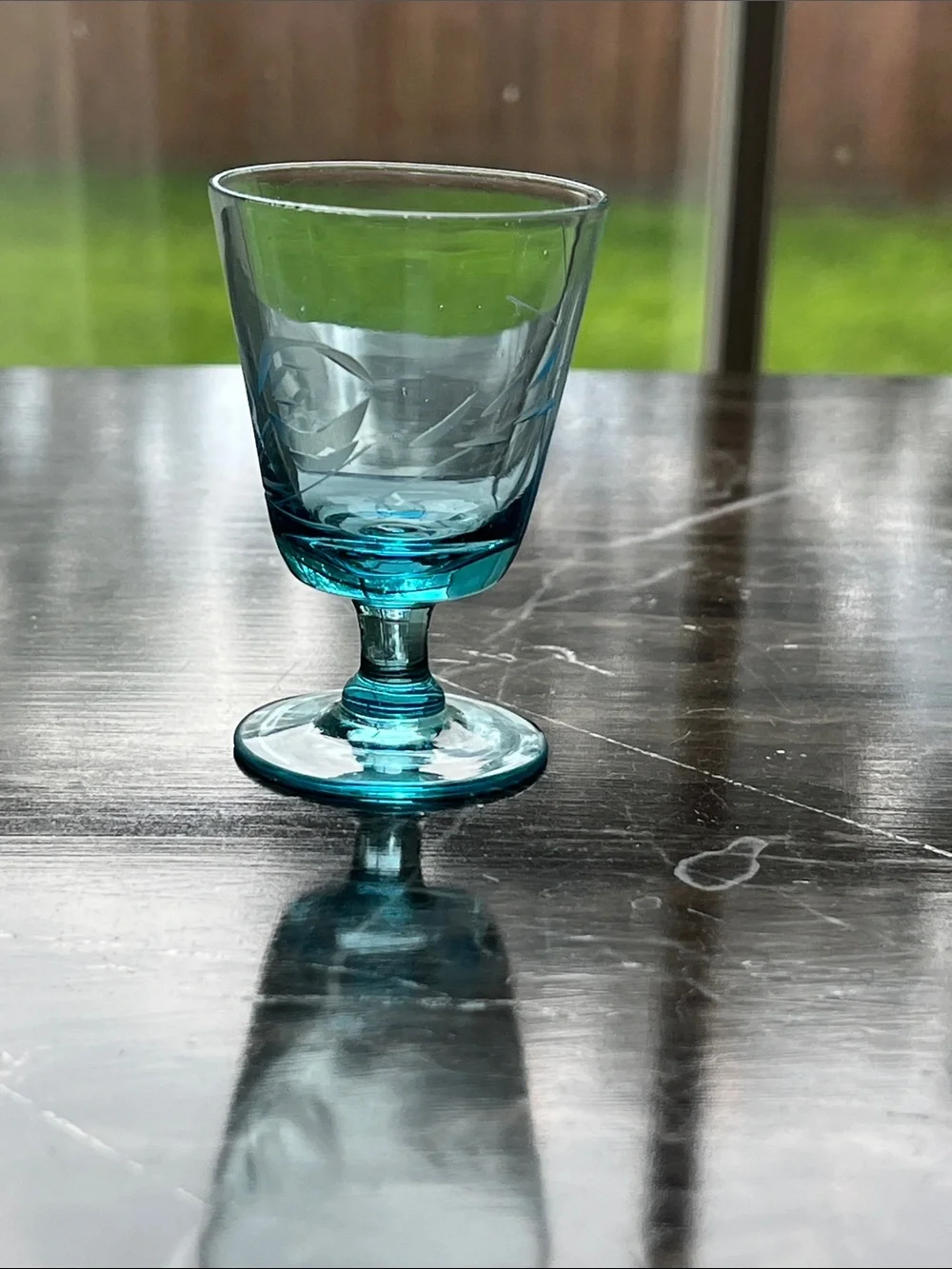 Etched Glass Goblet with Aqua Base